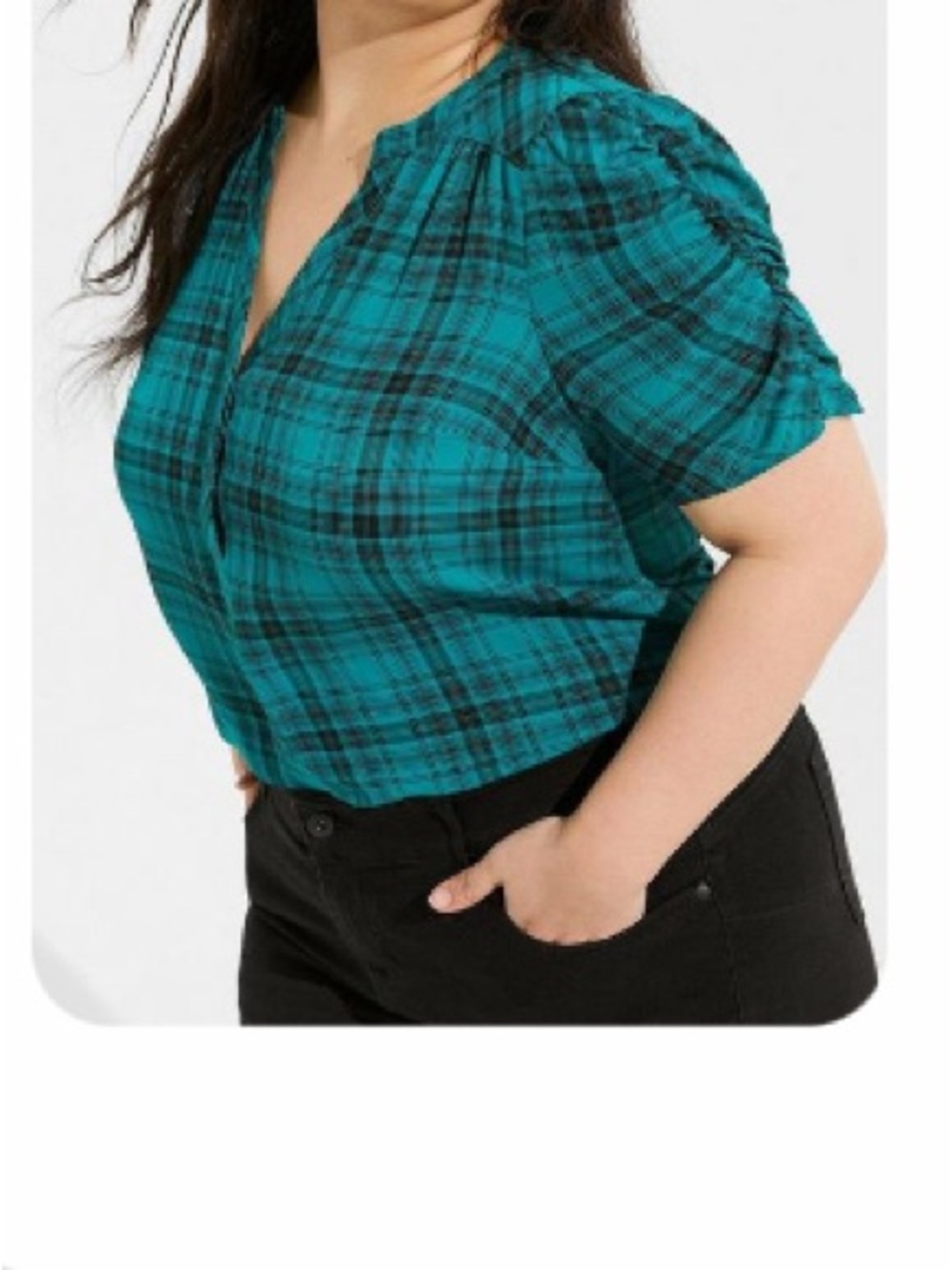 torrid Teal Plaid Puff-Sleeve Georgette Ruffled Top